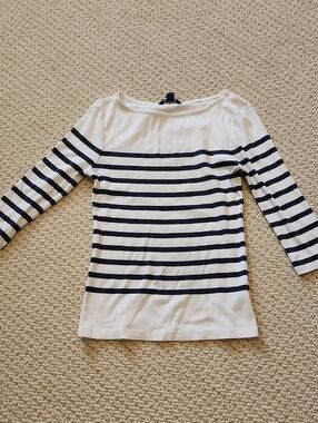 Tommy Hilfiger White and Navy Striped Boatneck Top